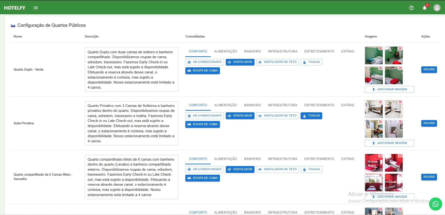 Tela do motor de reservas