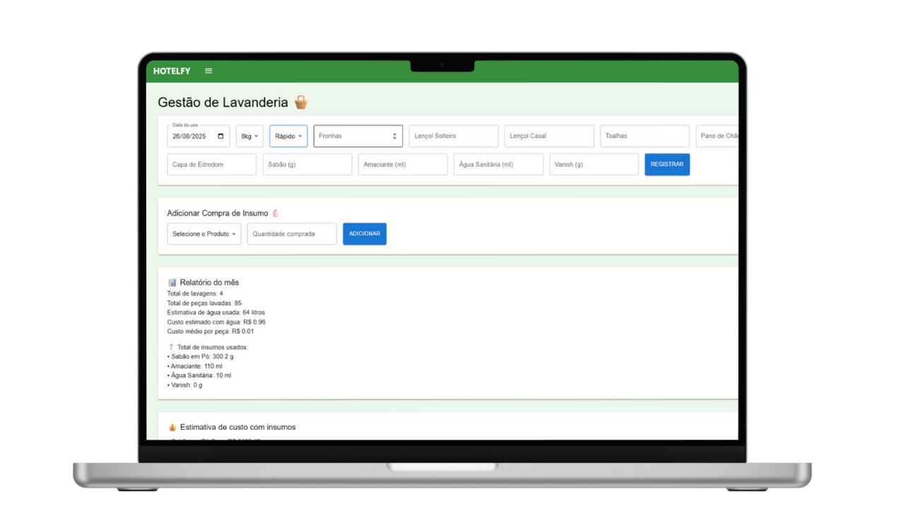 Módulo de lavanderia com status de peças